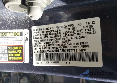 2013 Honda Cr-V Ex-L from USA, damaged, VIN 5J6RM4H79DL029970